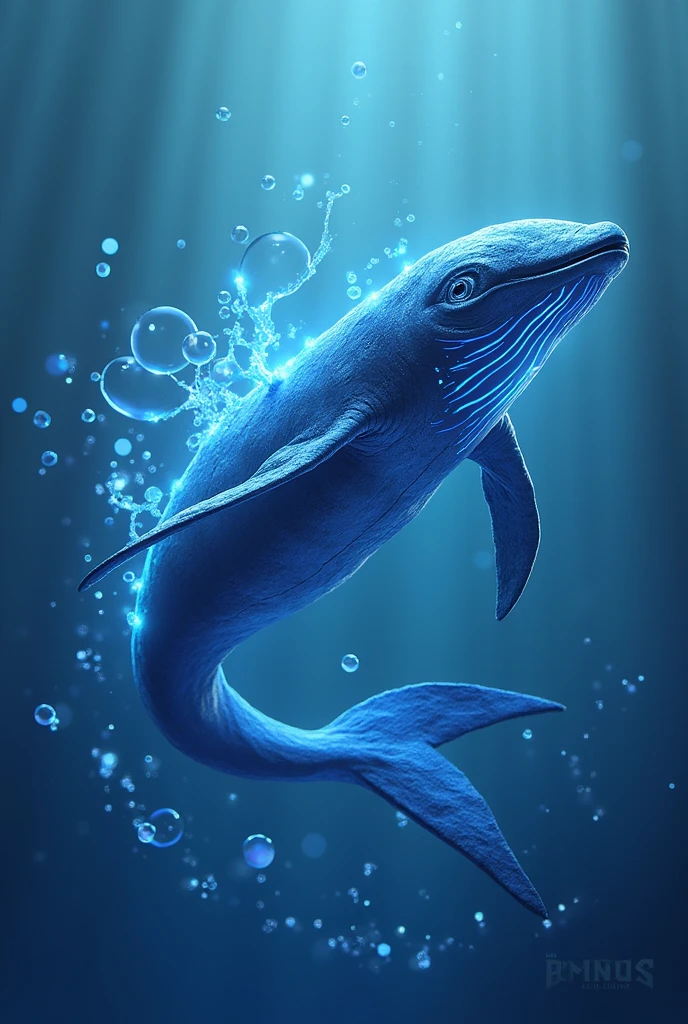 Illustrate a 3D stylized design for 'Marinus,' a whale-like creature with water elemental powers. The art style should capture the sleek, modern aesthetic of the SOLMON logo, using detailed textures and a deep blue color scheme with glowing, wave-like lines. Marinus should be posed in a majestic, swimming stance, with water streaming from its fins and tail. The background should feature minimalistic digital ocean elements and cosmic bubbles, ensuring a calm yet awe-inspiring composition.