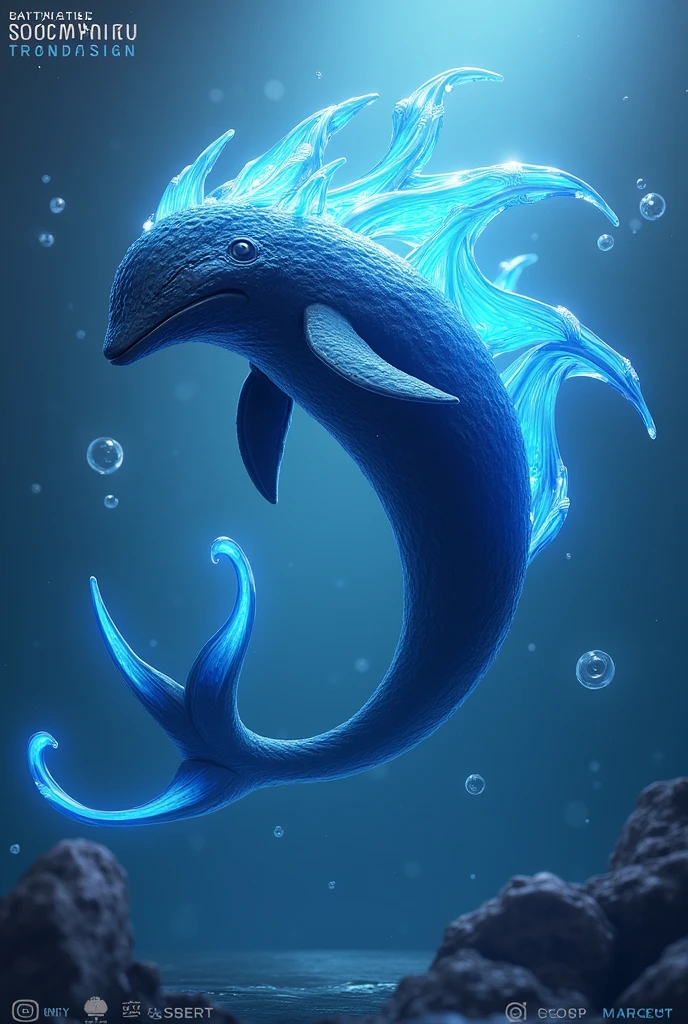 Illustrate a 3D stylized design for 'Marinus,' a whale-like creature with water elemental powers. The art style should capture the sleek, modern aesthetic of the SOLMON logo, using detailed textures and a deep blue color scheme with glowing, wave-like lines. Marinus should be posed in a majestic, swimming stance, with water streaming from its fins and tail. The background should feature minimalistic digital ocean elements and cosmic bubbles, ensuring a calm yet awe-inspiring composition.