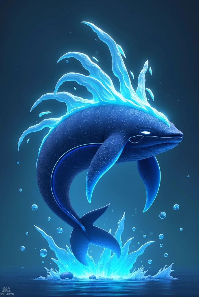 Illustrate a 3D stylized design for 'Marinus,' a whale-like creature with water elemental powers. The art style should capture the sleek, modern aesthetic of the SOLMON logo, using detailed textures and a deep blue color scheme with glowing, wave-like lines. Marinus should be posed in a majestic, swimming stance, with water streaming from its fins and tail. The background should feature minimalistic digital ocean elements and cosmic bubbles, ensuring a calm yet awe-inspiring composition.