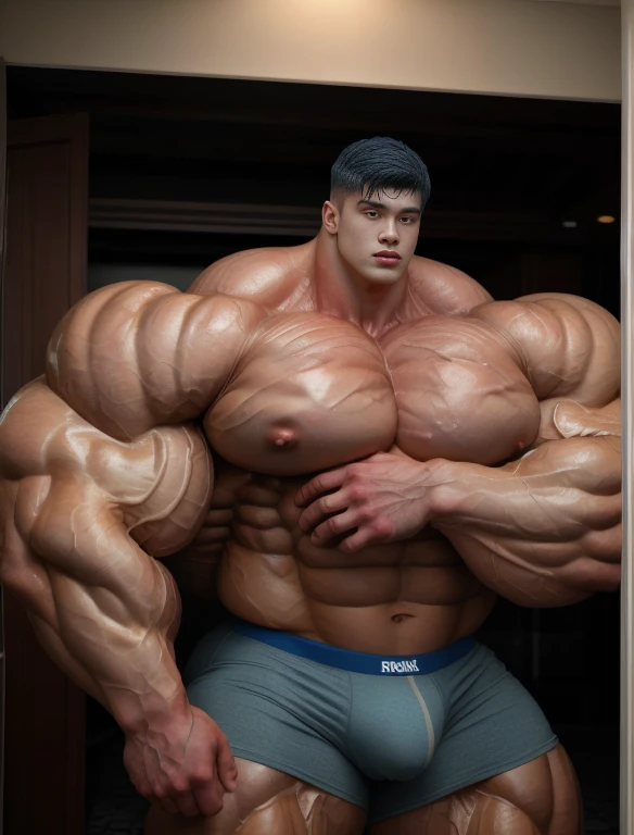 1boy, giant, asian, solo, giant bodybuilder, illuminating light, strong body, bulk, large size, standing under in any bathroom with rain, indoor, wet, nude, blue triangular underpants with enormous bulge, extraordinary big, brutalmass, giant muscular body, bulk, buff, massive body, large meaty body size, extremely wide body