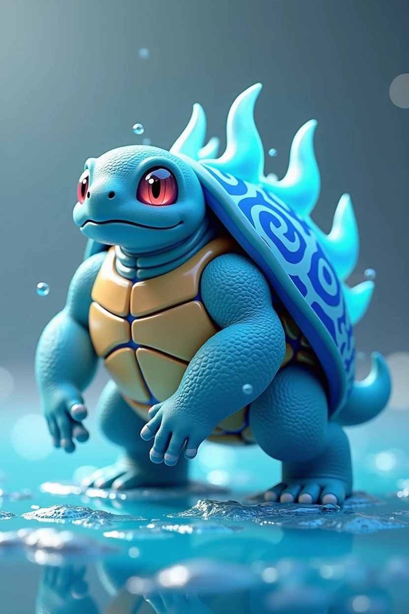 Create a 3D stylized illustration for 'Tidalix,' a turtle-like creature representing the water element. The design should maintain the modern look of the SOLMON logo, featuring a textured shell with glowing, wave-like patterns. Tidalix should be depicted in a sturdy, protective pose, with water flowing seamlessly from its limbs. The background should be minimalistic, with a focus on aquatic elements and digital bubbles that complement Tidalix's serene yet powerful presence.