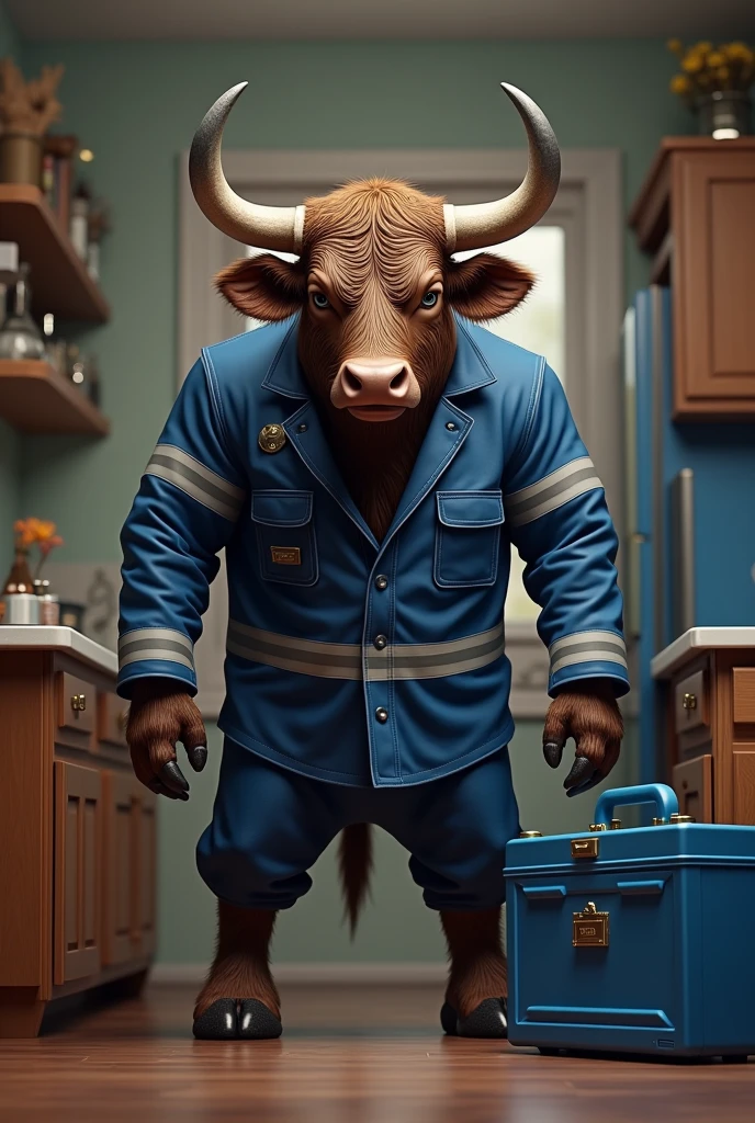 Bull with big horns dressed in blue gasman&#39;s uniform with reflective stripes and blue toolbox in kitchen