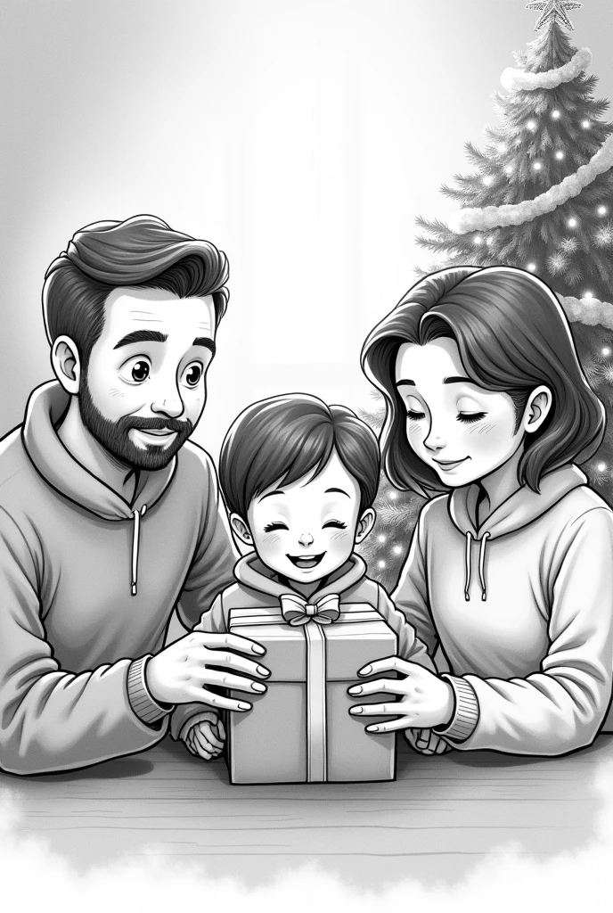 family giving a gift to a child at Christmas, black and white drawing with christmas tree appearing