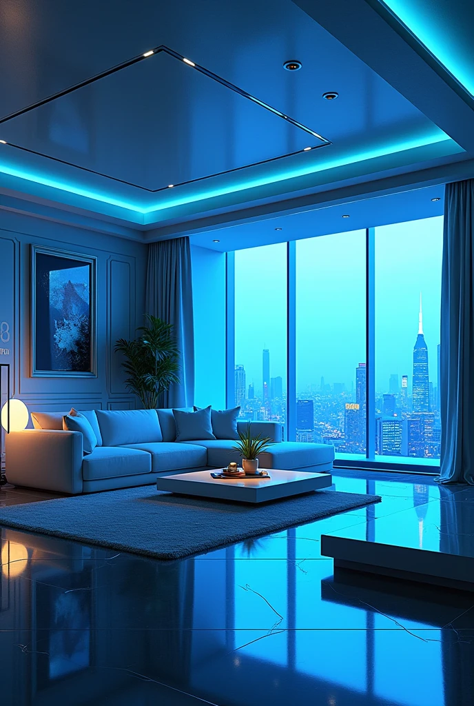 Apartment Interior, streamlined furniture, futuristic furniture, living room, blue neon lights ,art deco design,streamline moderne, art deco architecture, Abstraction, streamlined moderne furnishings,Luxury and Luxury,Future night view,streamlined decorative elements,Metallic,number line,sci-fi lamp,Virtual Engine,Unreal rendering, neon lights.