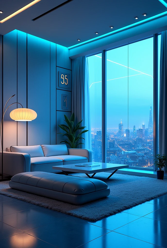 Apartment Interior, streamlined furniture, futuristic furniture, living room, blue neon lights ,art deco design，streamline moderne, art deco architecture, Abstraction, streamlined moderne furnishings，Luxury and Luxury，Future night view，streamlined decorative elements，Metallic，number line，sci-fi lamp，Virtual Engine，Unreal rendering, neon lights. 