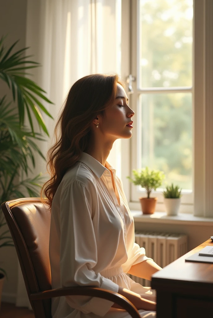 Woman in office breathing in harmony