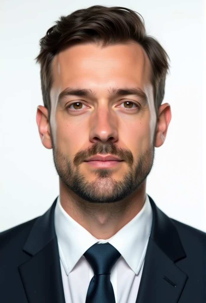 Create a realistic passport photo of a man in his 30s with dark brown hair, normal build and light stubble. The man should wear a formal suit with a tie and the background should be plain white, in line with passport photo requirements. His hair should be cut short, the hair should be too short to be combed. He should have a neutral expression without a smile. his hair is too short. The image should resemble a real photograph taken in a professional studio. the jaw structure should be oval neck structure should be normal. The face must be expressionless. must meet the requirements for official offices and passports.