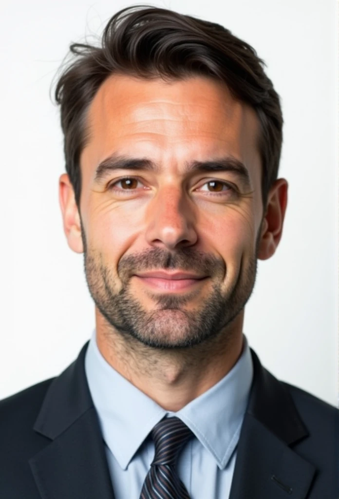 Create a realistic passport photo of a man in his 30s with dark brown hair, normal build and light stubble. The man should wear a formal suit with a tie and the background should be plain white, in line with passport photo requirements. His hair should be cut short, the hair should be too short to be combed. He should have a neutral expression without a smile. his hair is too short. The image should resemble a real photograph taken in a professional studio. the jaw structure should be oval neck structure should be normal. The face must be expressionless. must meet the requirements for official offices and passports.