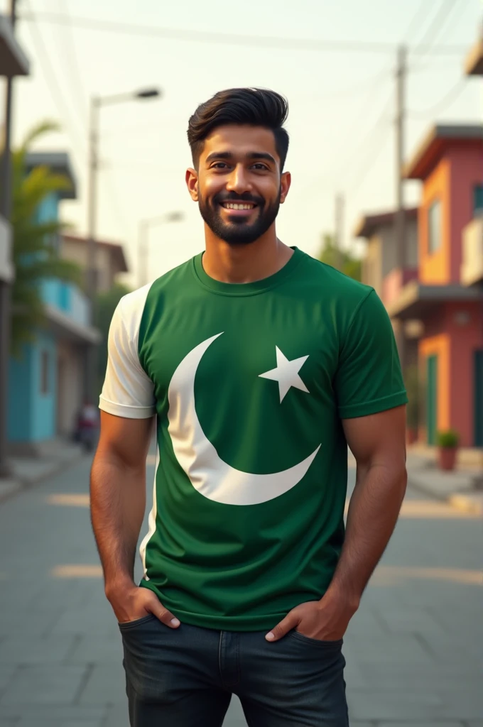 A 21 year old man standing in front of heavy bike and wearing Pakistan national flag shirt on which name "ADEEL "is printed and Pakistan national flag in his hand