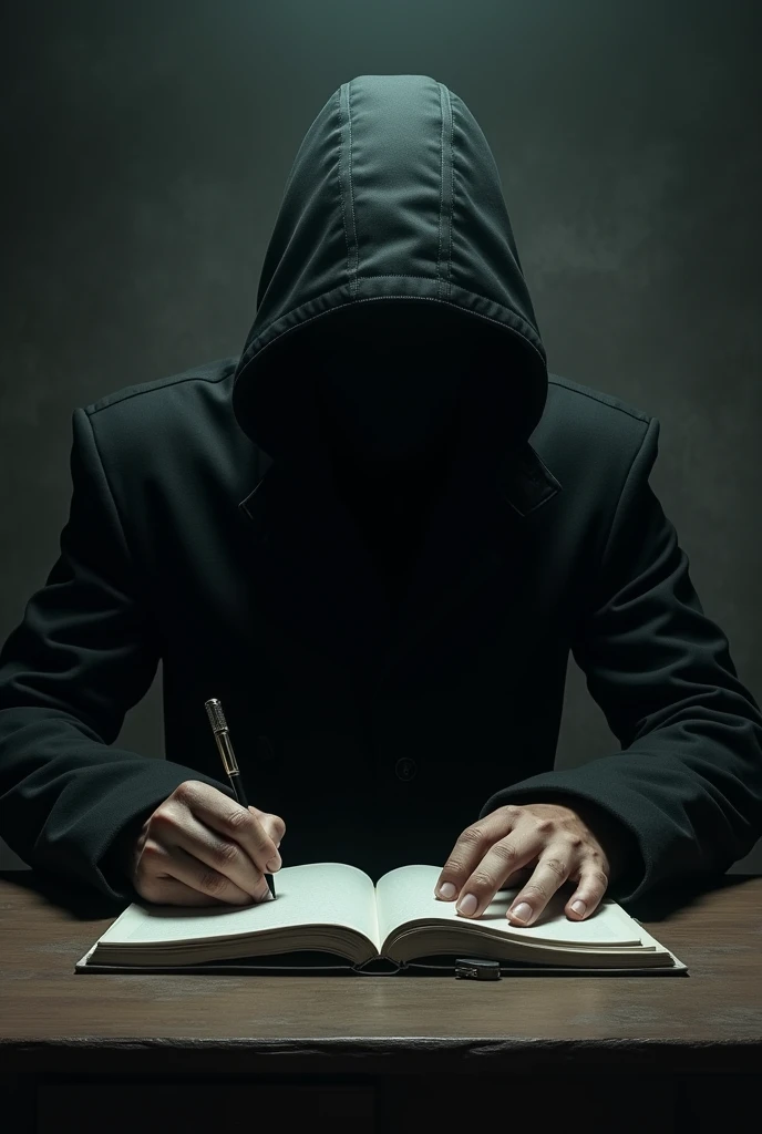 A person wearing a black hooded coat,that his face cannot be seen,writing in a notebook on a table,with little lighting so that it cannot be seen what it generated is
