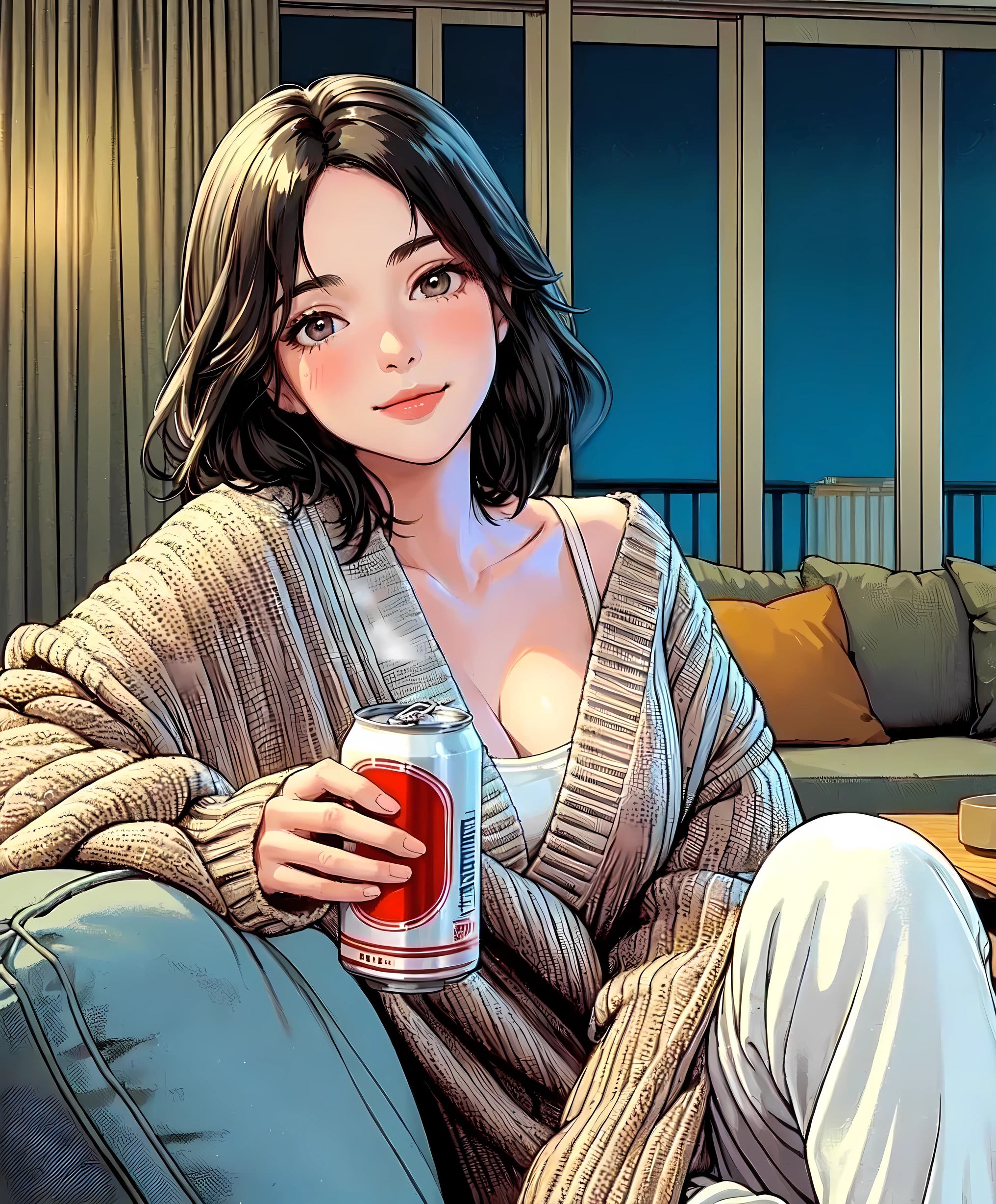 1lady solo, (relaxing on sofa) (looking at viewers), (holding can of beer) in one hand, casual outfit (knit sweater), (mature female:0.6), /(black hair/) bangs, blush kind smile, (masterpiece best quality:1.2) delicate illustration ultra-detailed, large breasts BREAK (modern living room), furniture, night, soft lighting, detailed background