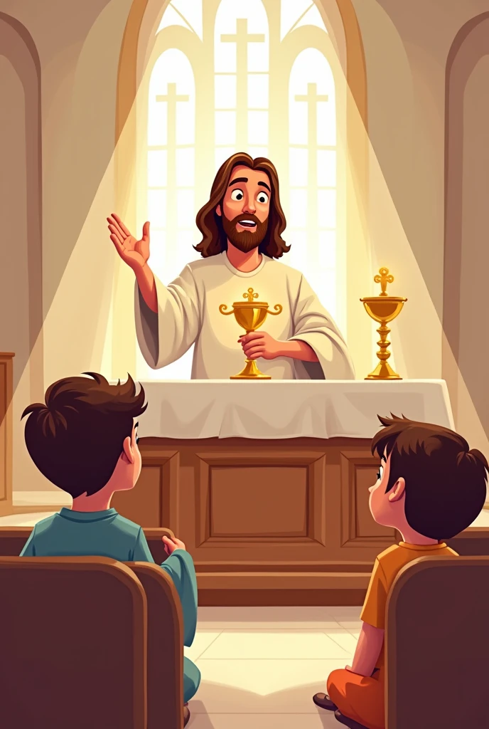 Jesus in cartoon drawing with Eucharist and chalice on the altar with children watching mass