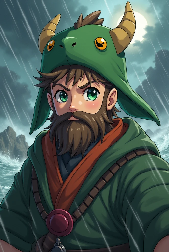Anime style a cute Viking style man he has samurai style hair shaved on the sides he is wearing a plush cap in the shape of a cute green dragon he has bright green eyes and his long beard with pendant the scene he is in is a storm his beard is brown
