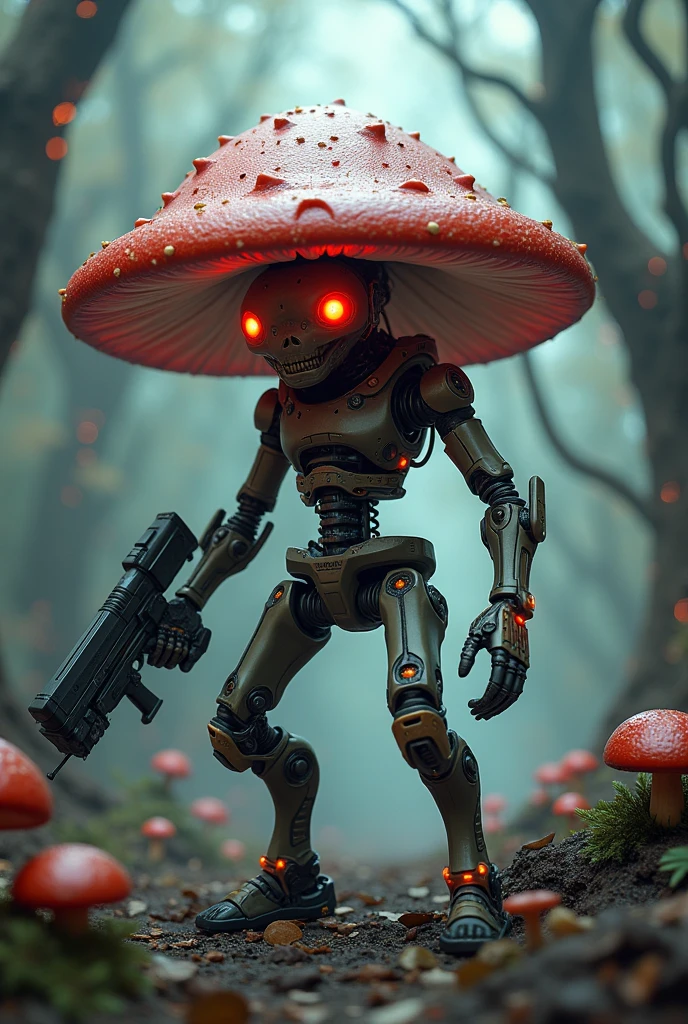 a mushroom with a gun or as if it were a terminator