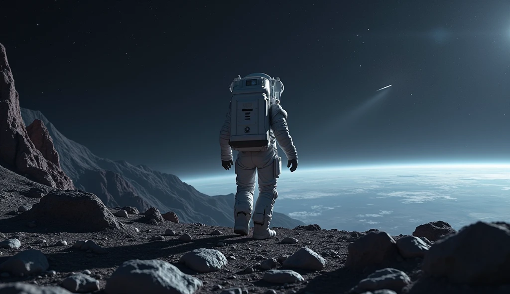Astronaut walks on a planet against the backdrop of space, emphasis on space