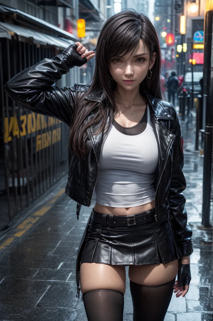Tifa rockhart:1.1, black leather jacket:1.2, best quality, high resolution, masterpiece, high detailed, 32k, cinematic lighting, in heavy rain:1.2, wet floor:1.2, on the street, look at the sky, droplet on her face and skin and clothes:1.2, city light, upper body shot:1.2, depth of field:1.2, look sad:1.2, standing, wet jacket:1.2, wet shirt:1.2, wet skirt:1.2, web face:1.2, wet body:1.2, face detailed, wet hair:1.2