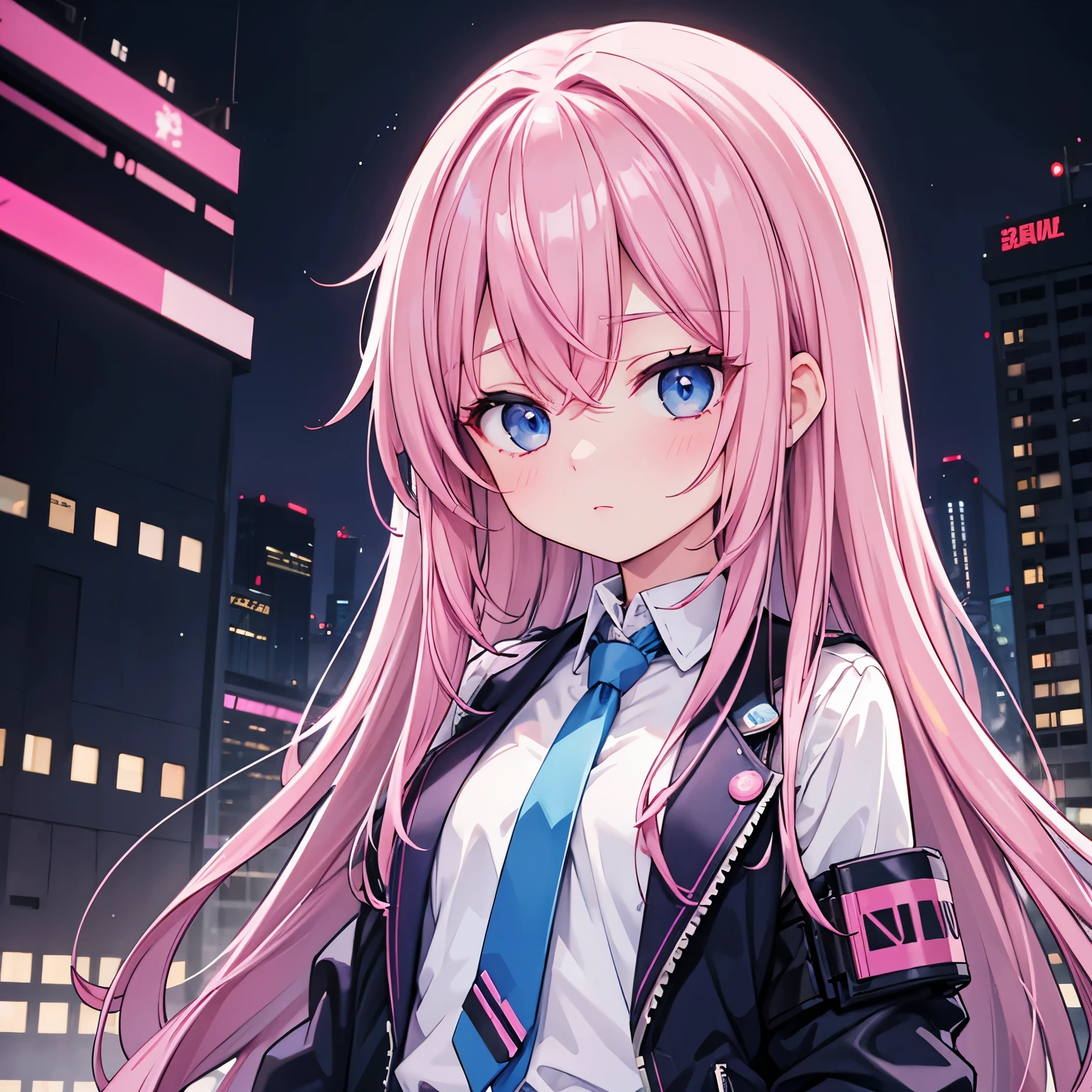 A girl,Pink long hair,Blue Eyes,White shirt,Blue tie,Cyberpunk clothing
