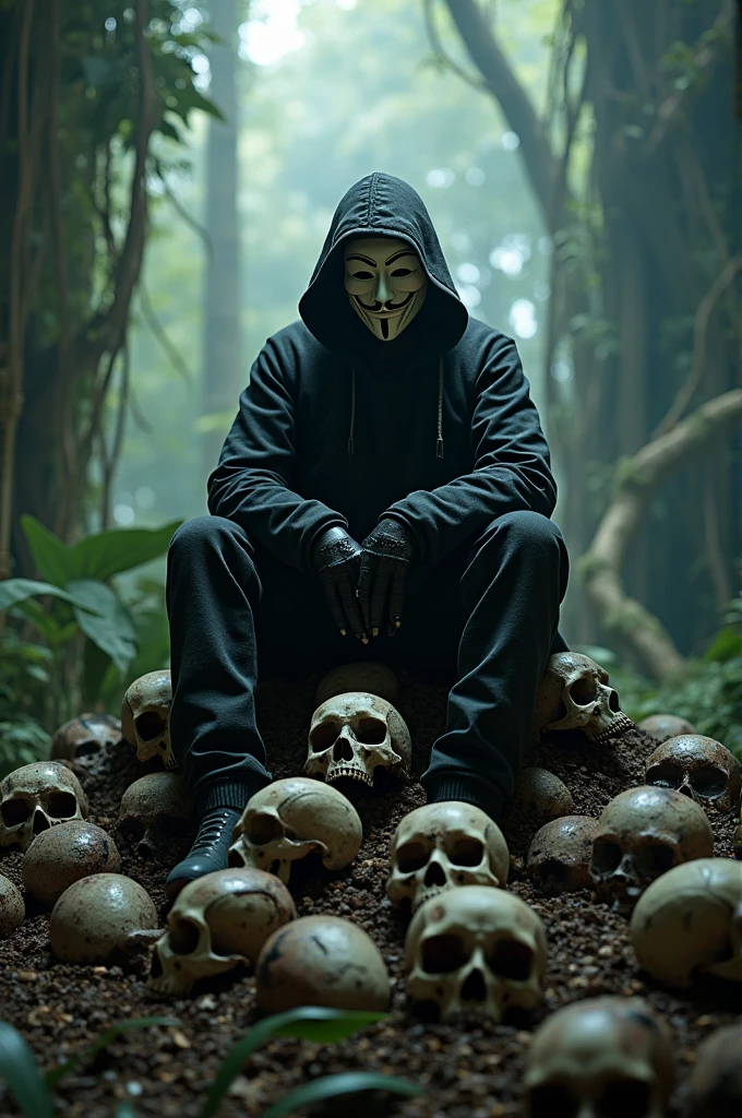 a man sitting on top of a pile of skulls, cyberpunk jungle background, unreal engine character art, anonymous mask, an edgy  assassin, artgerm ; 3d unreal engine, ( ( character concept art ) ), mmorpg gameplay, antifa, cloaked woman, anonymous