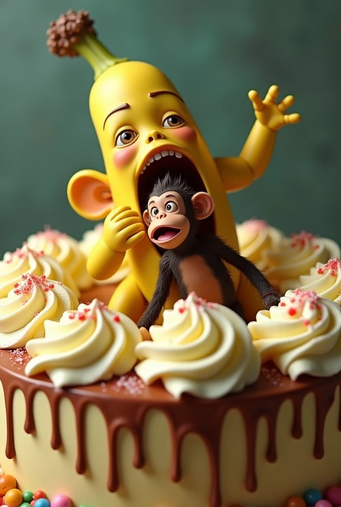A banana eating a monkey in a cake