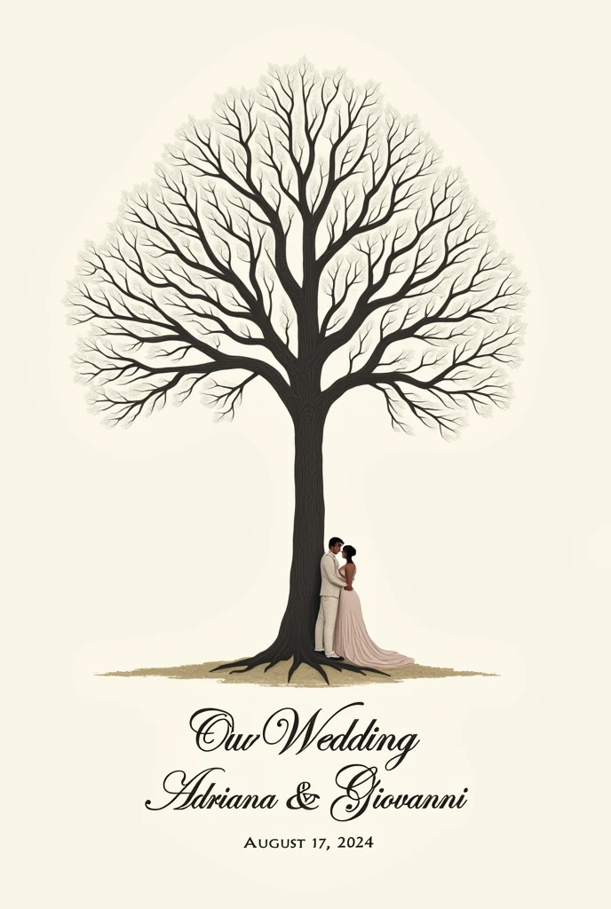 "Please, create an image of an elegant tree without leaves or flowers for a wedding with a plain background, Clear. The tree should include the names 'Adriana' and 'Giovanni' prominently displayed at the base of the tree. On the bottom, Add the date 'August 17, 2024'. Add title to image 'Our Wedding'. Add image of two lovers lying on the tree trunk."