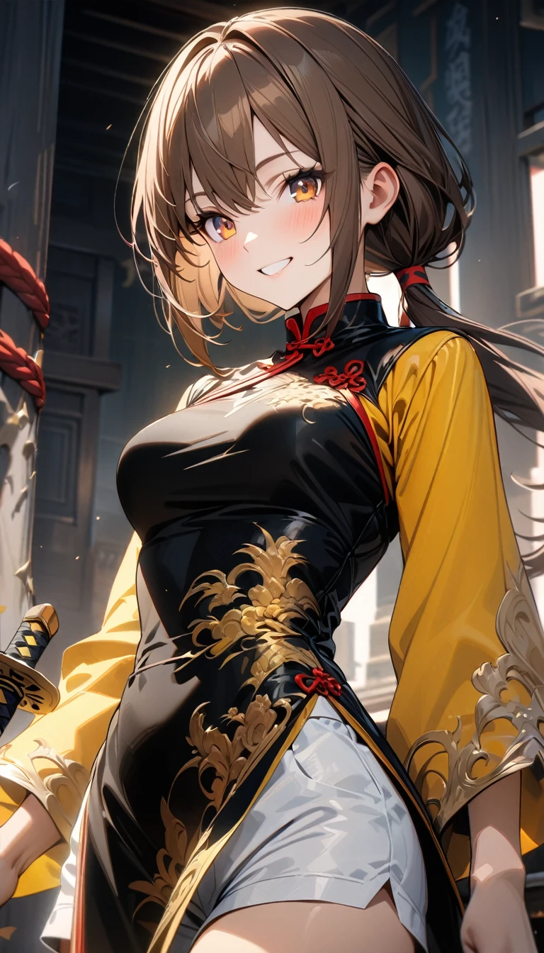 adult girl, long brown hair, low ponytail, amber eyes, smile, black Chinese dress, yellow lush sleeves, white lush shorts, sword, Masterpiece, best quality, Full HD, 8k, ultra details, great graphic
