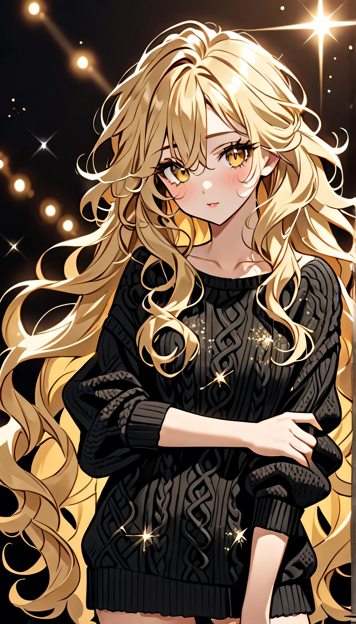 Beautiful and blond messy styled hair, best quality, beautiful woman, amorous expression, blonde messy wavy hair, extremely long hair, very very long hair, yellow eyes, make-up, wearing loose fitting black summer knit sweater, sparkly fluffy, flaunting her hair
