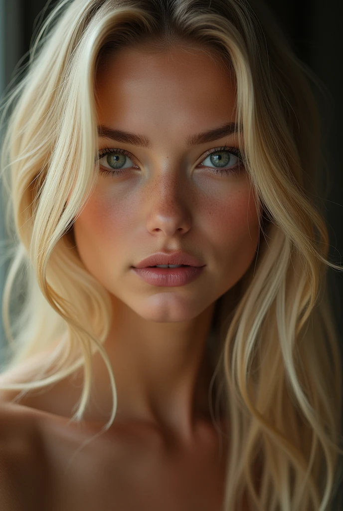 une belle fille aux longs cheveux blonds, detailed eyes, nose, and lips, full  body, dans un studio photo, Serious photo, (best quality,4K,8k,high resolution,head of&#39;artwork:1.2),ultra-detailed,(realistic,photorealistic,photo-realistic:1.37),HDR,studio lighting,Highly detailed face and body, portrait,Cinematic lighting,Dramatic lighting,warm color tones,couleurs dramatiques