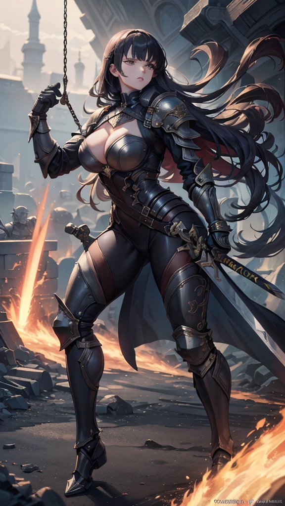 (masterpiece, 4K ,Super detailed:1.2), (anime:1), (Perfect quality), (((Adult body))), ((Swinging a big sword, Combat Ready)), The whole body is shown, Looking at the viewer, Big body, Commander of the army、Black Armor, Heavy equipment, A look of contempt, brutal, violent