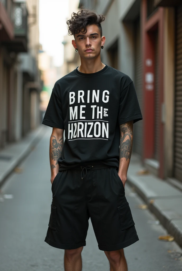 A 23 year old white male, Scrawny, with a boy's face, with slight Asian descent, short dark brown hair curly with Undercut cut, a small hoop earring in the ear, eyes browns, sem beard, Very beauthful, with small tattoos spread across his arms, wearing a very large bring me the horizon band t-shirt, with very wide black shorts, high sock, on foot wearing a white adidas samba, stylish, posing for a spontaneous photo, in Batman's alley in Sao Paulo