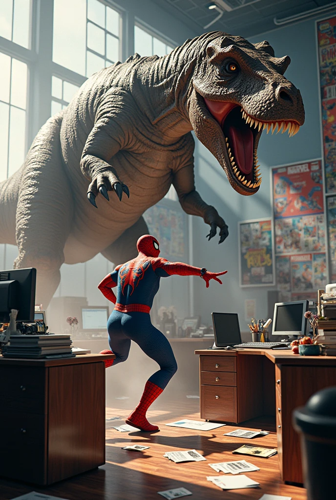 Spider man fighting with dinosaur in marvel office