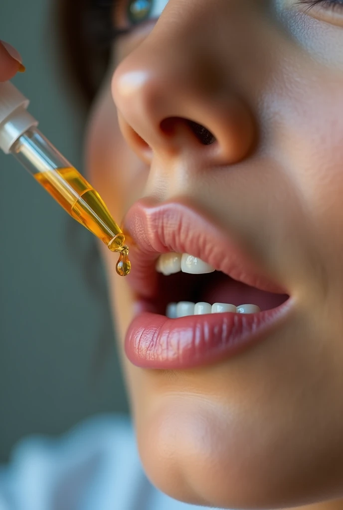 Create an image, of a mouth receiving liquid medicine, by a dropper, the medicine has a slightly golden oil color, don't show your whole face, the mouth would be of a woman of about 40 years old. Make the image as realistic as possible.