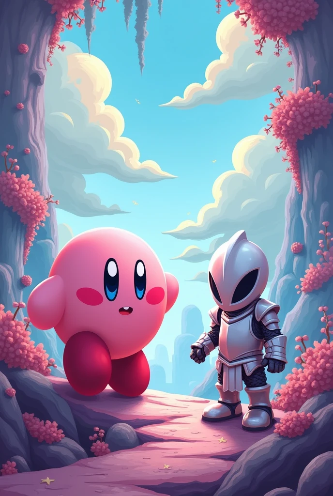 You can create an image of kirby from the kirby game and the main character from the hollow knight game, both together but both looking like in their normal video game , with the little knight with his white breastplate as he appears in the game, please