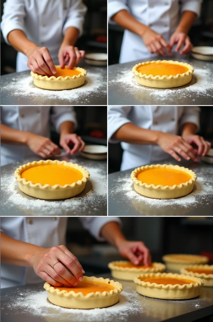 "Images of the process of making guava pies in a professional kitchen. Include a chef kneading the dough, placing the guava filling on the dough, putting the pies in the oven and decorating them with final details. The kitchen should look clean and tidy, with visible utensils and ingredients."
