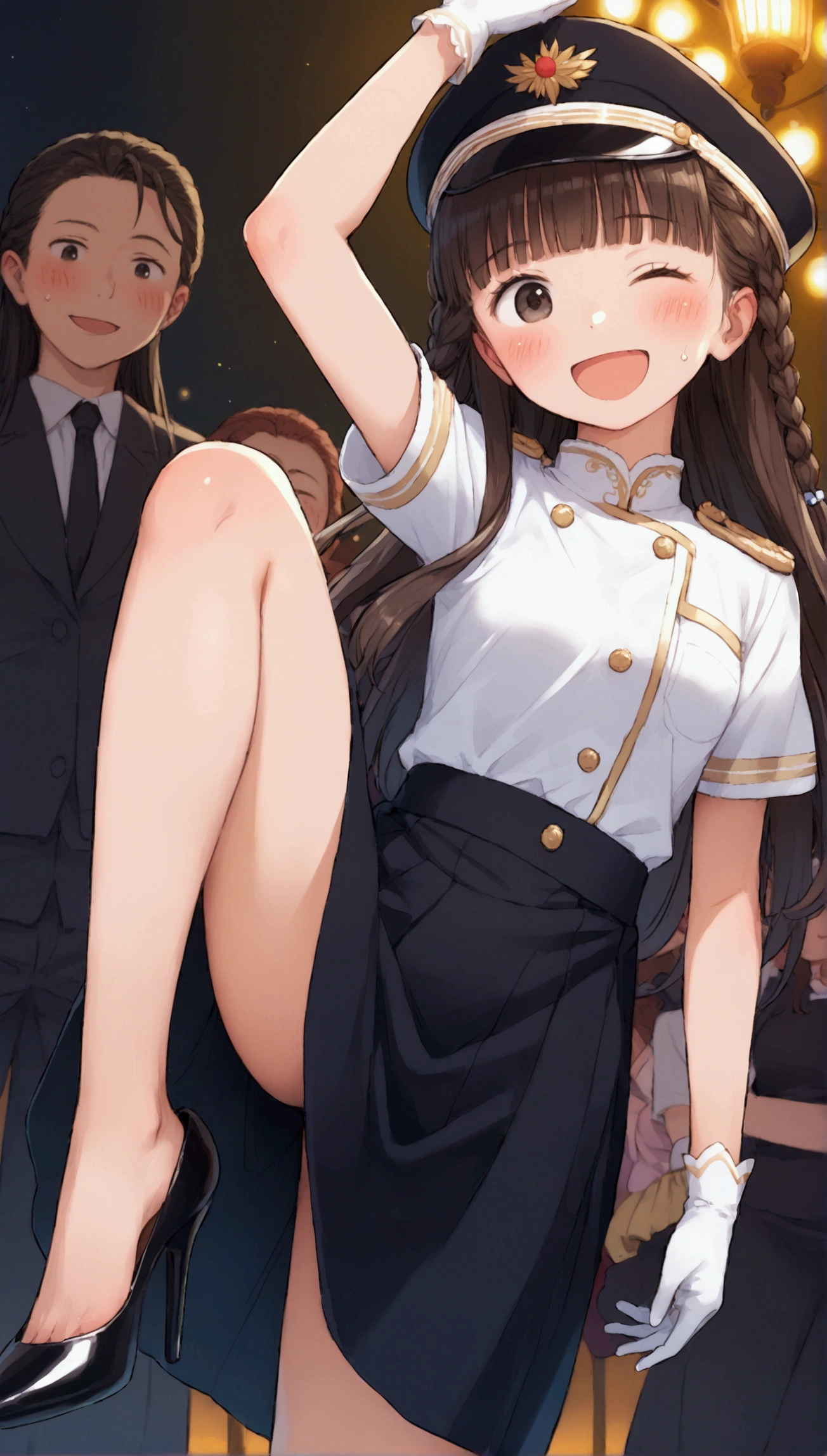 {Highest quality}, {Super beautiful},{Ultra fine},{Best illustration},Brown Hair,Hime cut,long hair,Braid,One woman,Standing Woman,Strike a pose,Adult women,smile,Excited face,Wink,Uniform cap,White Shirt,Short sleeve,long black skirt,White gloves,Night Festival,Blushing,Slender,Black high heels,barefoot,From an angle,From below,spread one leg upwards,Waving with both hands