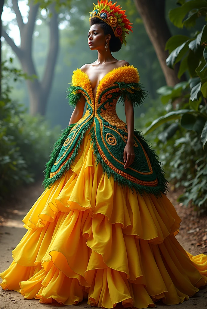 create the most perfect and iconic dress for the vogue themed ball: "Fantastic Brazilianness"
For the theme "Fantastic Brazilianness" of the Vogue Ball, the most iconic and perfect dress would be a vibrant and bold celebration of Brazilian culture, combining unexpected volumes, innovative textures and a touch of fantasy. This dress is meant to capture the exuberant and playful essence of Brazil., incorporating striking visual elements and accessories that complement the bold style. Let's break down the concept:
Estrutura e silhuette:
silhuette: The dress could have a dramatic, theatrical silhouette, starting with a structured bodice and accentuating the waist. The skirt could be voluminous and full of layers, creating an impact effect. Alternatively, a short, daring dress could be the centerpiece, with a layered skirt and surprising details.
Unexpected Volumes: Add unexpected volume with layered tulle skirts, organza ou silk, and details like exaggerated peplums, puffed sleeves or asymmetrical drapes. These elements would create a dynamic and impactful look..
Cape or Tail: A long, flowing cape or dramatic train would add an element of glamour and sophistication.. The cover could be made of a light, translucent fabric, decorated with embroidery or sequins, while the tail could have an architectural or fluid shape.
Fabrics and Textures:
Main Fabrics: Use fabrics like shiny sequins, silk, velvet and organza to create a stunning look. Sequins would be a bold and essential choice to add sparkle and glamour..
New Textures: Experiment with textured fabrics like crochet, which can be incorporated into details or as part of the structure of the dress. Crochet can add a unique, handmade touch.
Details and Adornments:
Brazilian Prints: Incorporate tropical prints, like lush foliage, vibrant flowers or geometric patterns inspired by Brazilian art. These prints can be applied using a rubber band.
