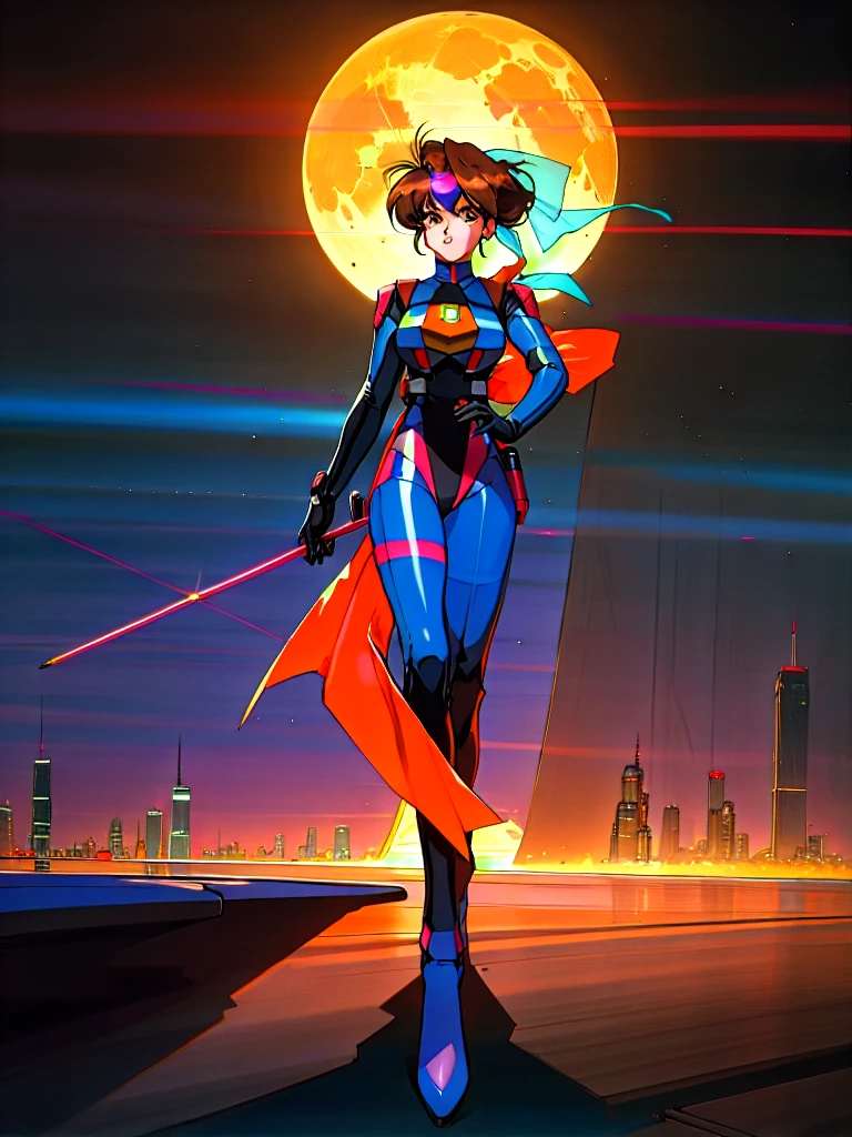 Kenichi Sonoda, retro art-style, 90s Japanese Anime Style, "bubblegum crisis", Sci-fi, Cyberpunk, Neon, Dystopia, (In the neon-drenched skyline of Mega Tokyo's towering skyscrapers, Priss, a stunning 20-year-old anime beauty, stands solo on the spire of a gleaming high-rise, bathed in the radiant glow of the full moon. Her striking features are accentuated by her dark blue metal hard suit adorned with vibrant orange lines, inspired by Syd Mead's industrial mechanic design. Her brown medium-length hair frames her sharp-eyed gaze, as she smizes confidently at the viewer. With fearless determination etched on her face, Priss stands tall on tiptoes, her entire being exuding an aura of cool and stylish elegance. The smooth curves of her shadow cast against the lunar backlight create a mesmerizing silhouette, showcasing her unparalleled beauty under the watchful eye of the city's towering skyscrapers.), The main character, "Priss", 1girl, solo, 20yo, anime beauty,(masterpiece, incredibly absurd resolution, absolutely resolution, ultra high resolution, professional, vivid colors, perfect anatomy, ideal facial features, beautiful detailed face, ideally proportioned figure, perfectly beautiful body),