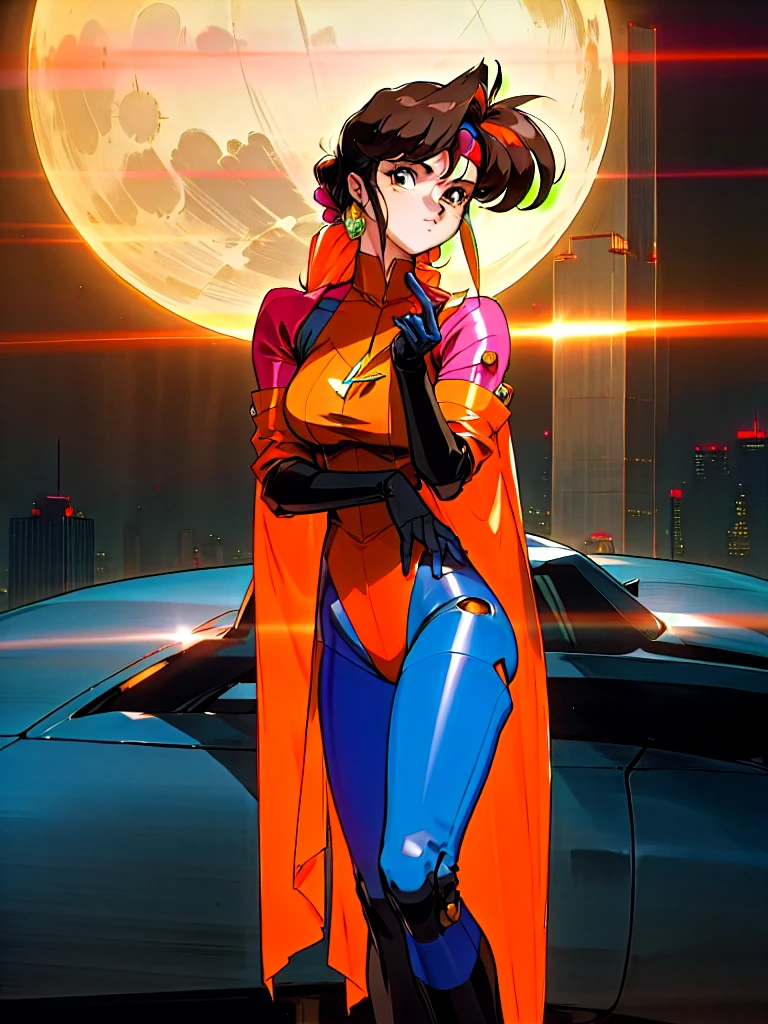 Kenichi Sonoda, retro art-style, 90s Japanese Anime Style, "bubblegum crisis", Sci-fi, Cyberpunk, Neon, Dystopia, (In the neon-drenched skyline of Mega Tokyo's towering skyscrapers, Priss, a stunning 20-year-old anime beauty, stands solo on the spire of a gleaming high-rise, bathed in the radiant glow of the full moon. Her striking features are accentuated by her dark blue metal hard suit adorned with vibrant orange lines, inspired by Syd Mead's industrial mechanic design. Her brown medium-length hair frames her sharp-eyed gaze, as she smizes confidently at the viewer. With fearless determination etched on her face, Priss stands tall on tiptoes, her entire being exuding an aura of cool and stylish elegance. The smooth curves of her shadow cast against the lunar backlight create a mesmerizing silhouette, showcasing her unparalleled beauty under the watchful eye of the city's towering skyscrapers.), The main character, "Priss", 1girl, solo, 20yo, anime beauty,(masterpiece, incredibly absurd resolution, absolutely resolution, ultra high resolution, professional, vivid colors, perfect anatomy, ideal facial features, beautiful detailed face, ideally proportioned figure, perfectly beautiful body),