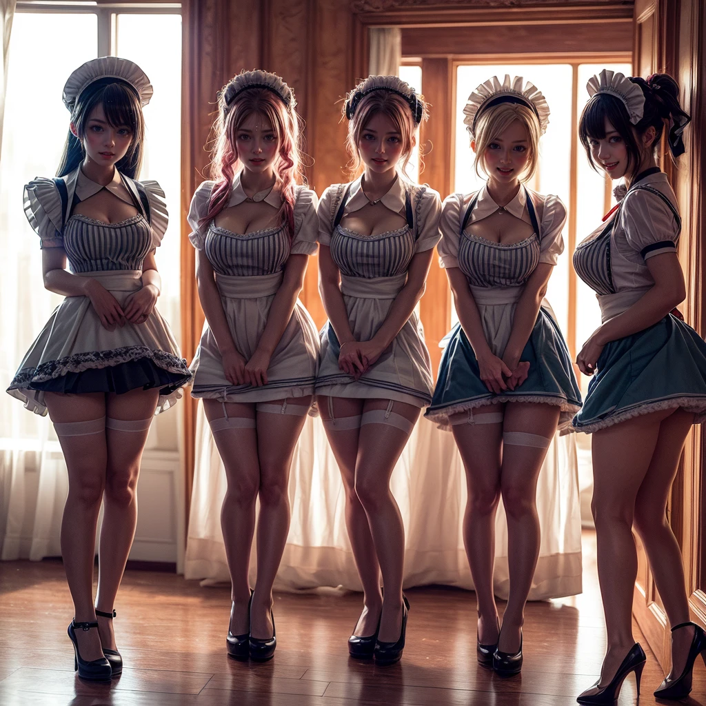 (Full Body of Extremely Detailed((Kawaii Maid Group in a row:1.37))), Childish perfect face, Reflective Eyes, Detailed(Delicate Clothing textures), Correct Leg Line, Dynamic Joyful Expressions LifeLike Rendering, Specular Reflection, TopQuality 8K Ultra-detailed masterpiece (ProfessionalPhoto:1.37), (Acutance:0.8), (Luminism:1.28), (Renaissance art style), Colorful Light particles, ((Full body from side)), {MicroMini(SkirtLift)|Kissing|Breast Lifting|Undressing|Thigh Gap}, Radiant Fine Skin with Transparency, (Exposed:0.5), (Different types of Anime hair color){Pink Hair|Light Blue Hair|Pure White Hair}, Perfect Lighting