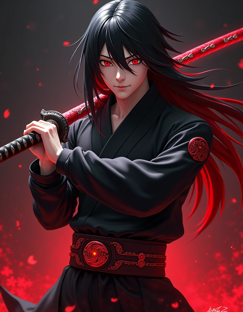 Draw me a high quality anime character A young man in the prime of life with a confident stance from the Uchiha clan wearing a traditional ninja uniform with a modern touch Black with red accents containing intricate Uchiha clan symbols and dark red lines extending along the uniform His hair is shiny black with bright red locks Long and flowing over his shoulders The character features a shringan with a complex tomoe with a dark red color and a sharp and penetrating look that reflects strength and intelligence He carries a long, slender sword decorated with intricate engravings and precious stones and wears a wide ninja belt decorated with the shringan with a background in a dark and mysterious place with dark red lighting that highlights the character's features with an atmosphere of strength and mystery