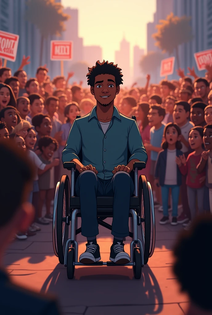 Animation of a black city council candidate in a wheelchair in the middle of the crowd