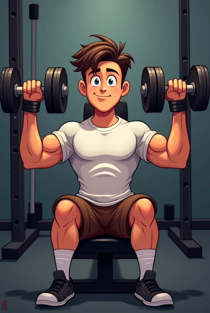 An image of young man doing chest exercise. He is doing bench press with 25 kg dumbles not barble laying down on the bench. A bench should be black in colour with steel stands. He is wearing white tshirt, brown half pant and a black shoes with white socks. And wearin a black wrist band on both hand. He is doing bench prees laying on the bench not sitting or standing. His face should resemble as a cartoon character.