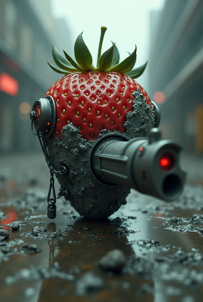 gray mold on strawberry with gun or as if it were terminator