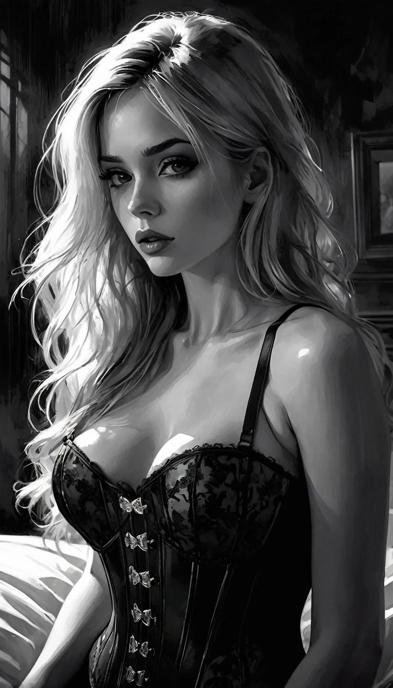 very sexy girl, blonde with long hair, small breasts, in black lingerie, with a corset, very sexy, in bed, she looks at us provocatively, eroticism, sexy, black and white image, between shadows, oil painting, chiaroscuro, sensual, dramatic lighting, moody atmosphere, photorealistic, intricate details, masterpiece, ultra-detailed, high quality, 8k, best quality, realistic, cinematic, dark and brooding, expressionistic, powerful composition, emotional impact, Bill Sienkiewicz inspired art
