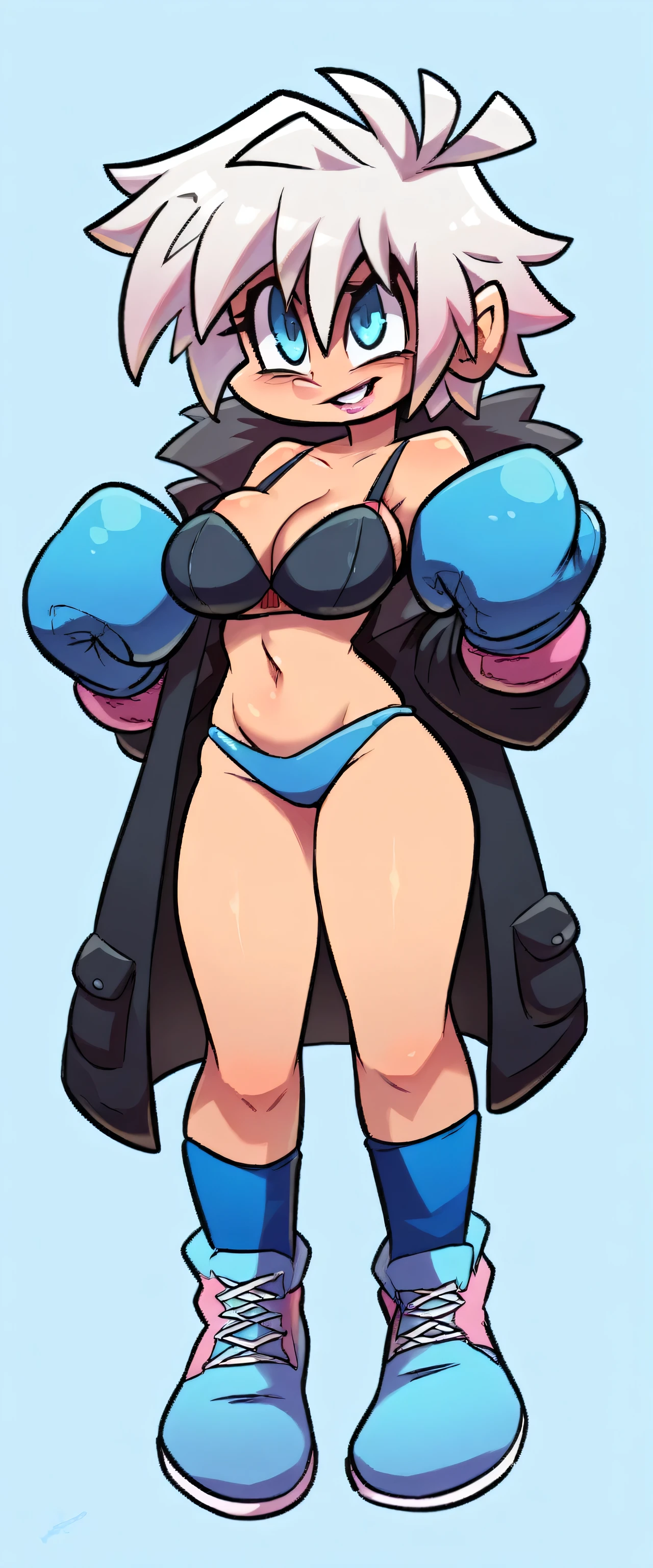 A beautiful girl beautiful attractive big breast white hair messy cut her eye blue eye cute latina pink lip dresses shiny black coat under black bra shows navel and a blue thong blue socks long net transparent big brown boot black boxing glove