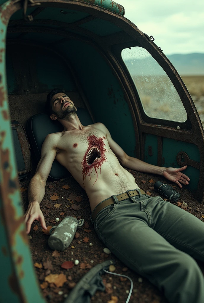 A dead man inside a rusty and abandoned helicopter, the deceased has a shark bite on his neck.