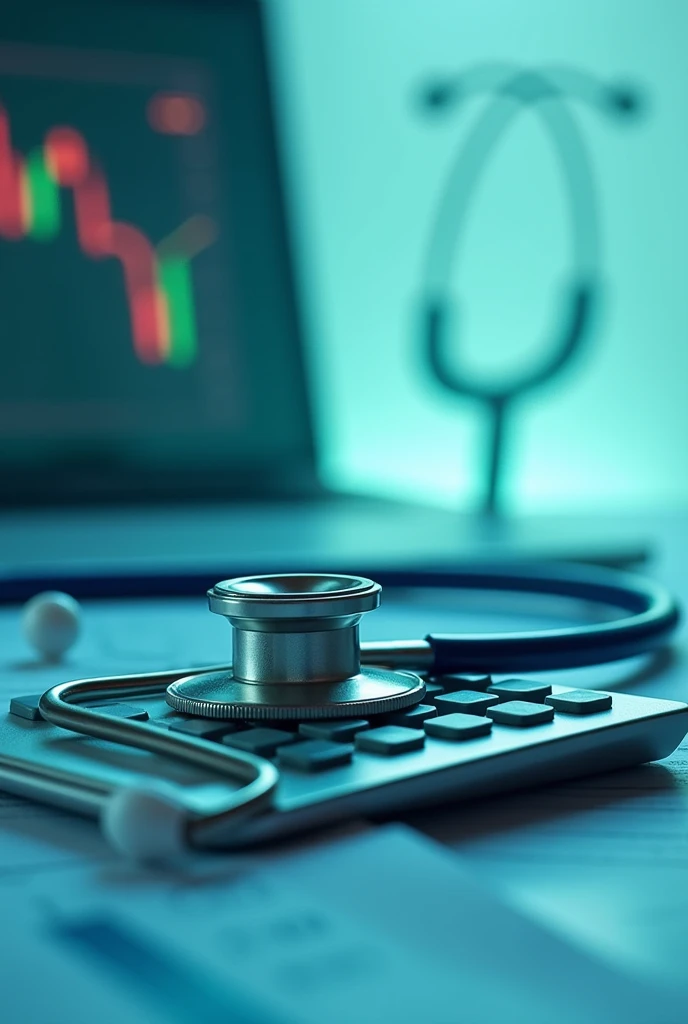 create an image that represents Accounting and Compliance: medical services and accounting. This image must contain the symbolic items of both areas., like the symbol of medicine or a stethoscope and a calculator or graphs. The image must be in 1080p format