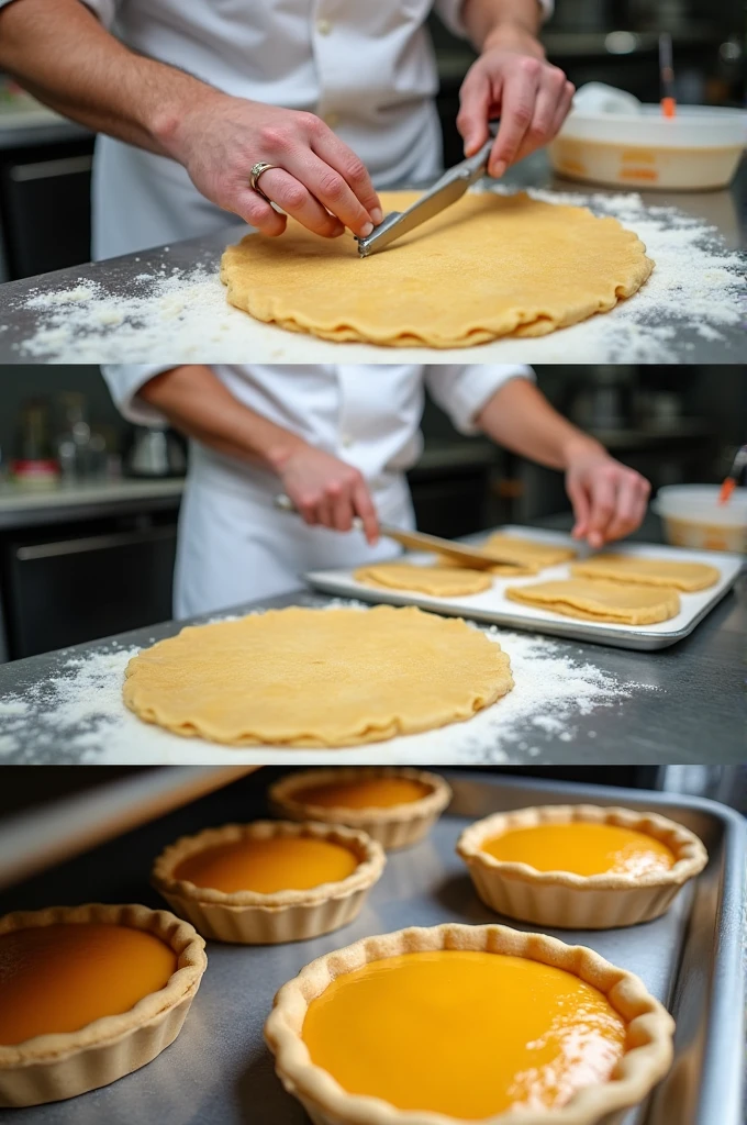 "Images of the process of making guava pies in a professional kitchen. Include a chef kneading the dough, placing the guava filling on the dough, putting the pies in the oven and decorating them with final details. The kitchen should look clean and tidy, with visible utensils and ingredients."