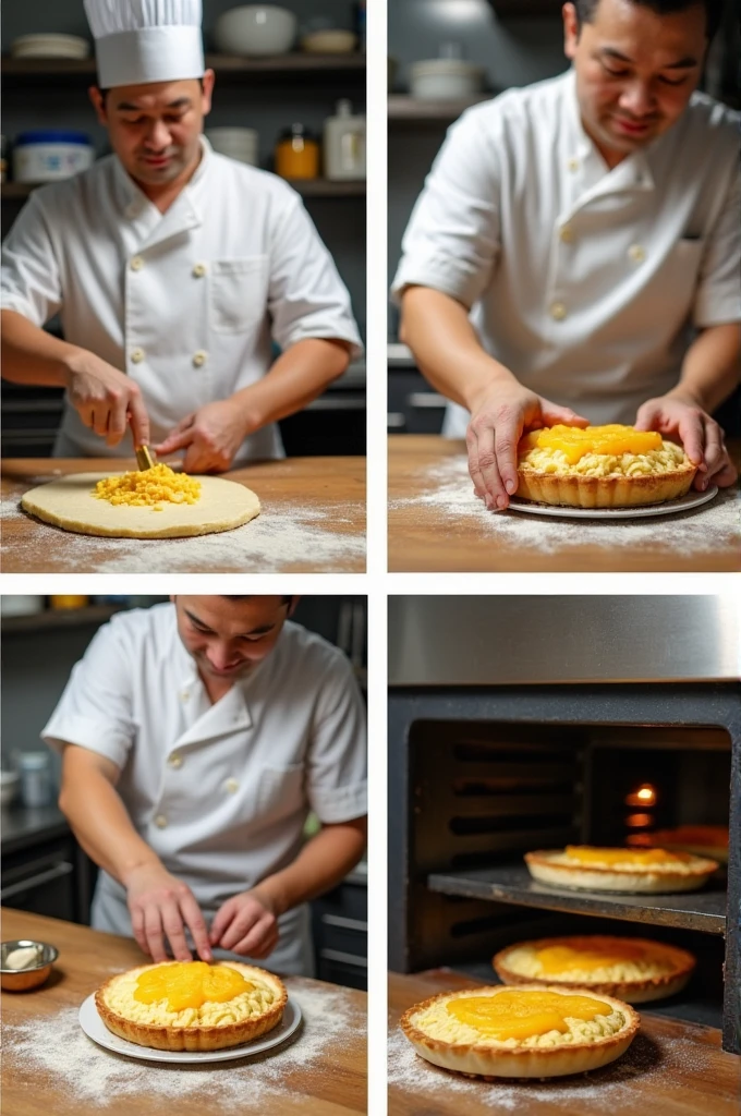 "Images of the process of making guava pies in a professional kitchen. Include a chef kneading the dough, placing the guava filling on the dough, putting the pies in the oven and decorating them with final details. The kitchen should look clean and tidy, with visible utensils and ingredients."
