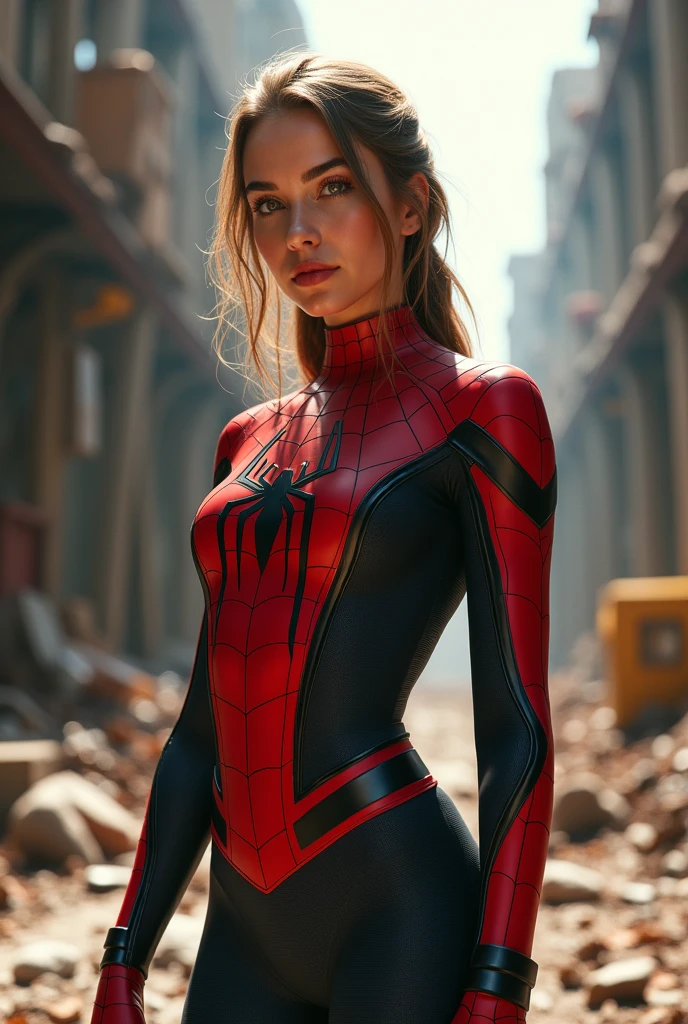 (1 girl:1.3), standing alone, (((extreme detailed face))),(((olhos e extreme detailed faces))),comely detailed eyes,Body parts__, offcial art, Unified 8k wallpaper, super verbose, comely and aesthetic, comely, work of art, best qualityer, CRU, work of art, super fine photo, best qualityer, super high resolution, photorealistic realism, lighting sun, full - length portrait, wonderful beauty,, dynamic pose, 精致的面容, vibrant eyes, (From the front), she is wearing a Spider-Man costume, esquema de cores vermelho e preto, Spiderwomam, very detailed abandoned warehouse background, face detailed, detailed complex busy background, messy, marvelous, White milk, highly detailed skin, Realistic skin details, visible pores, sharp focus, volumetric Fog, 8k hd, dslr, high qualiy, film grain, skin fair, Photographic realism, Lomography, huge metropolis in future dystopia, viewed from below, translucent