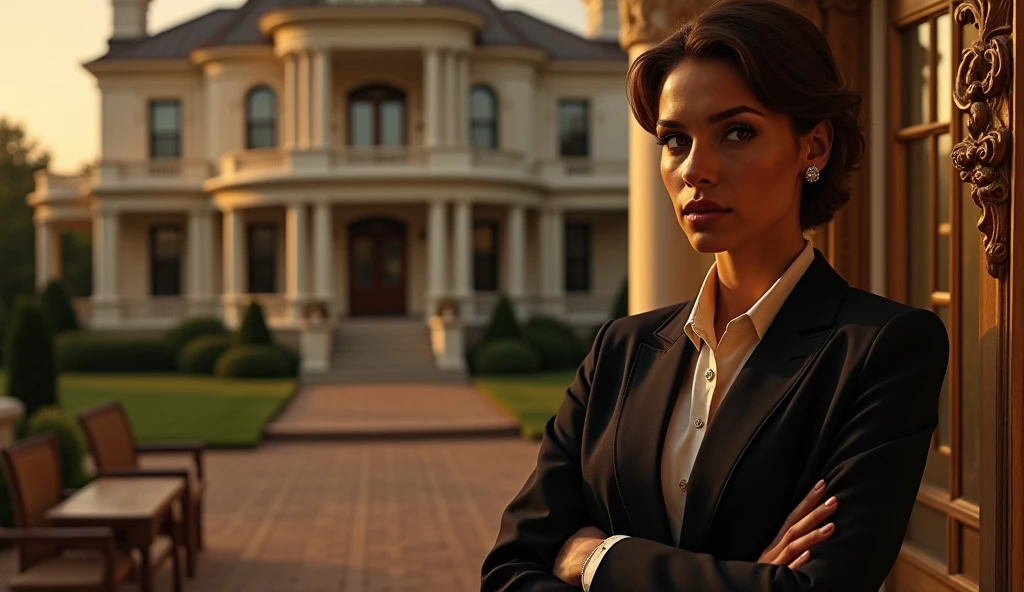 An expensive house in the background and a mom wearing expensive clothes on the right side in distant
 eyeing disapproval with her hands folded